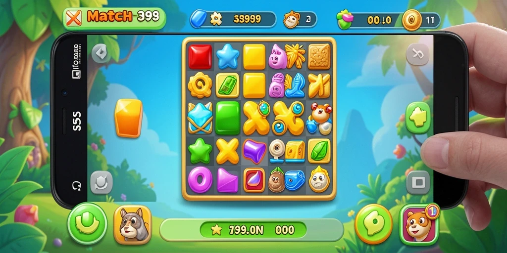 Gameplay S9S9 menunjukkan aksi mencocokkan permata yang seru.